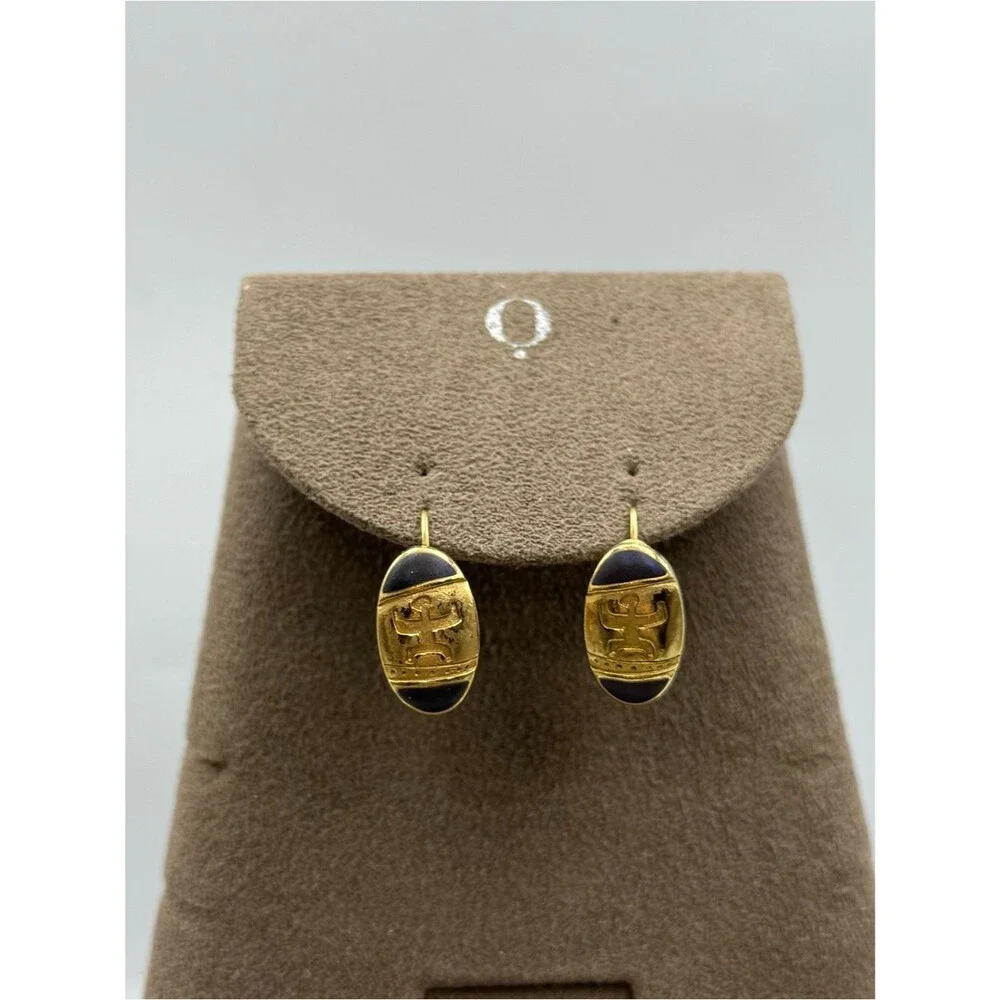 Vintage Egyptian Gold-Tone Oval Drop Earrings with Blue Enamel Accent